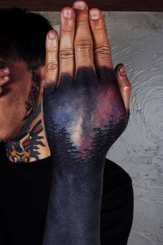 New school style colored hand tattoo of dark night forest