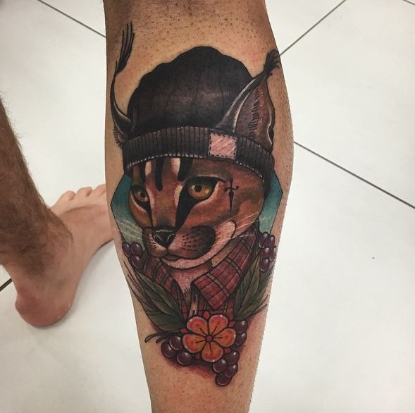 New school style colored human like caracal tattoo with flowers