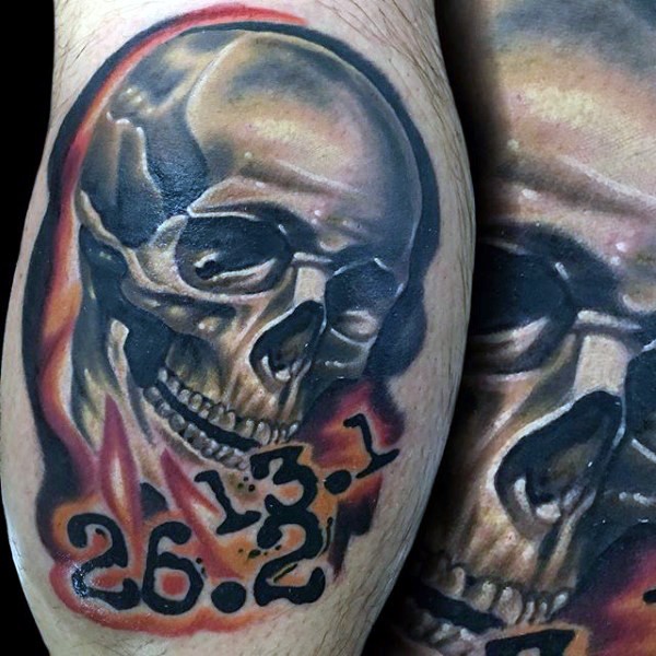 New school style colored human skull with lettering