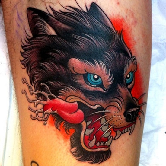 New school style colored leg tattoo of demonic wolf head