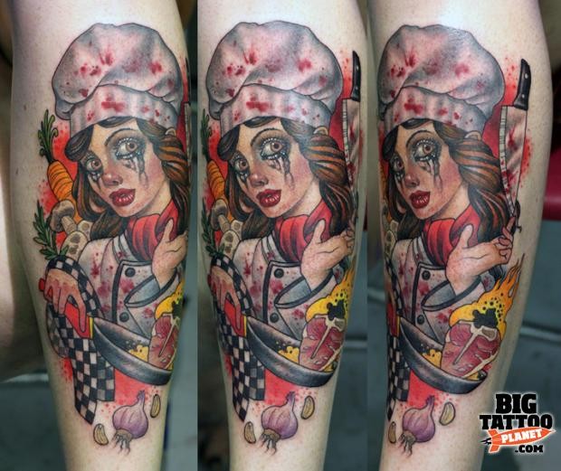 New school style colored leg tattoo of bloody chef with vegetables