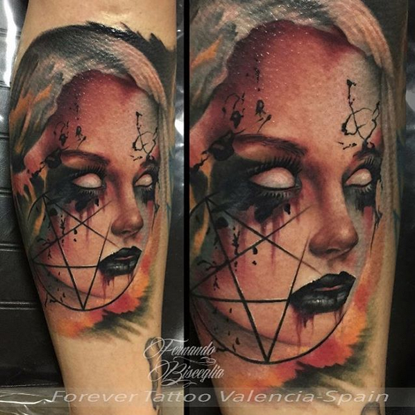 New school style colored leg tattoo of creepy demonic woman with devils star