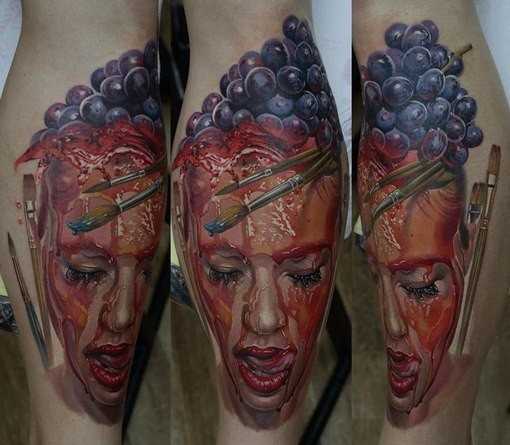 New school style colored leg tattoo of woman with grapes