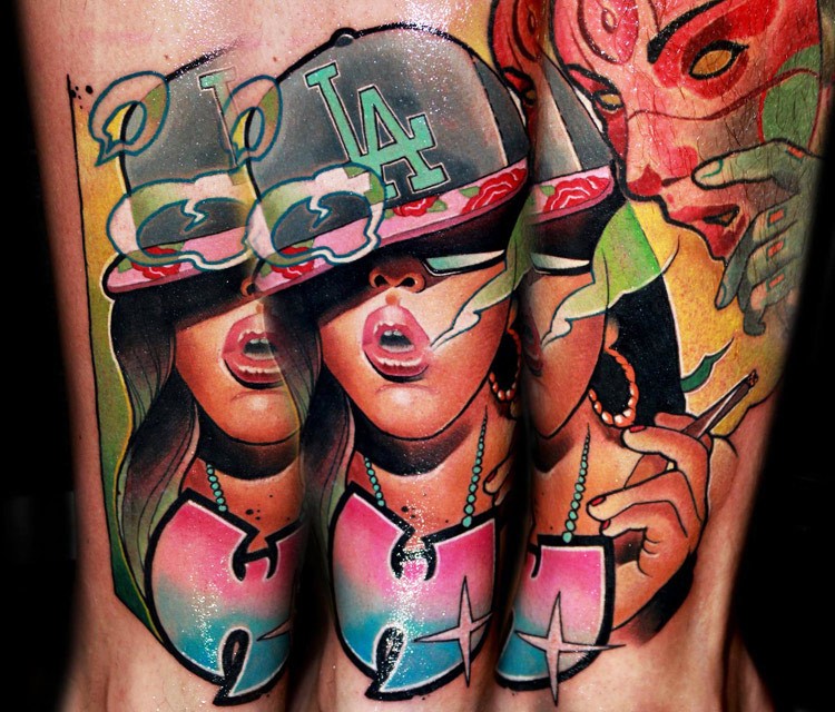 New school style colored leg tattoo of smoking woman with symbol