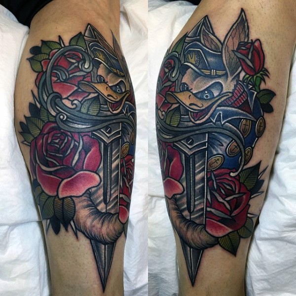 New school style colored leg tattoo of evil duck with  flowers