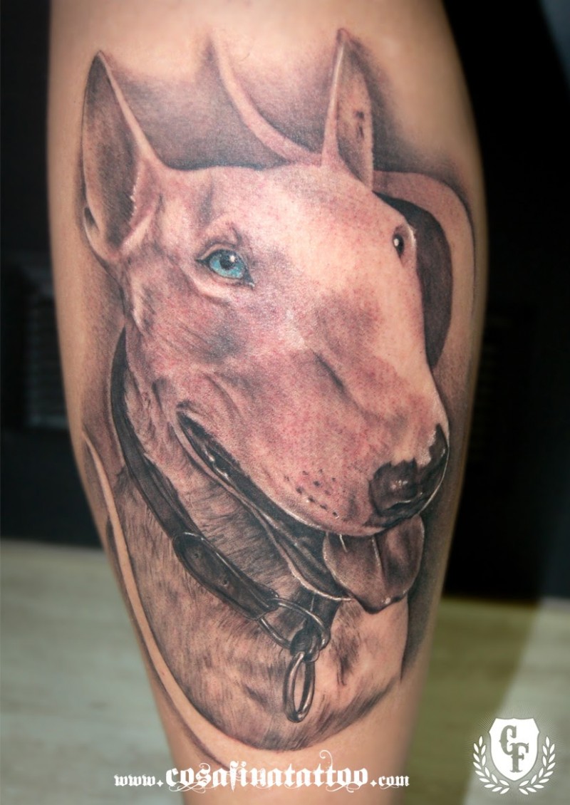 New school style colored leg tattoo of dog portrait