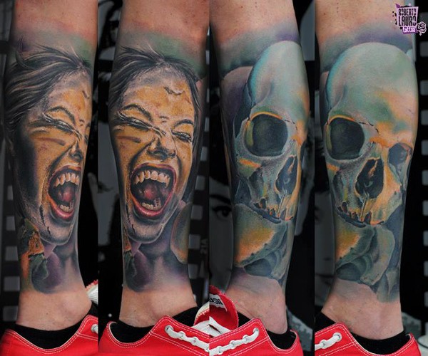 New school style colored leg tattoo of vampire woman with human skull