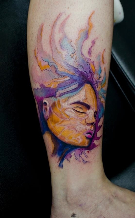 New school style colored leg tattoo of woman portrait
