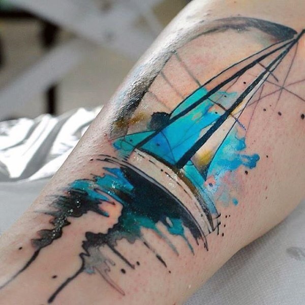 New school style colored leg tattoo of modern sailing ship