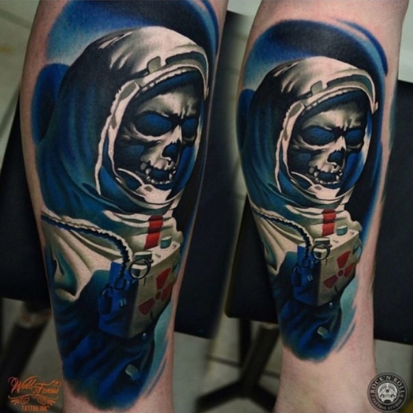 New school style colored leg tattoo of astronaut skeleton