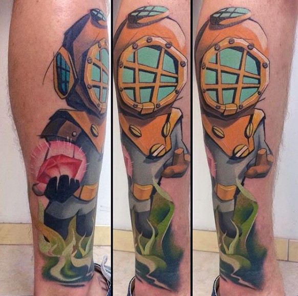 New school style colored leg tattoo of old diver with diamond