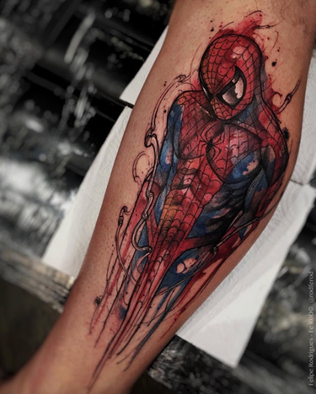 New school style colored leg tattoo of very detailed Spider man