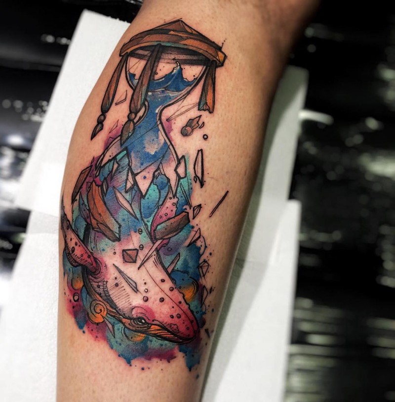 New school style colored leg tattoo of big whale and broken sand clock