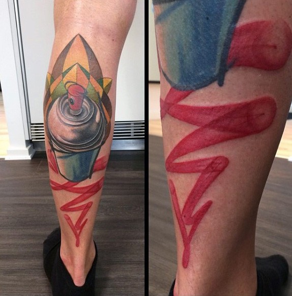 New school style colored leg tattoo of paint spray