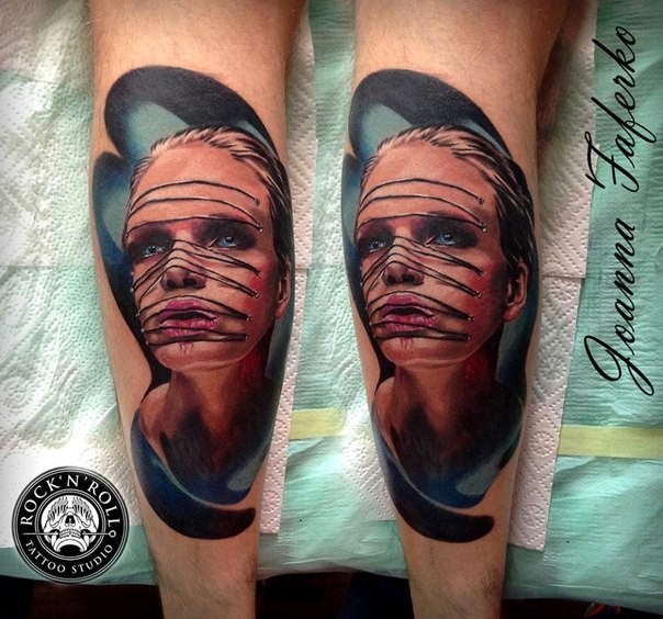 New school style colored leg tattoo of woman with needles