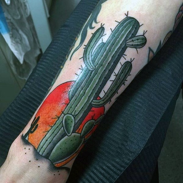 New school style colored leg tattoo of big desert cactus