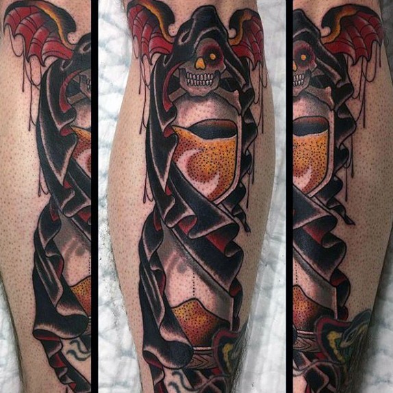 New school style colored leg tattoo of creepy Grimm reaper with sand clock