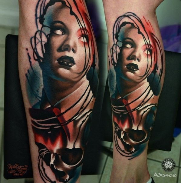 New school style colored leg tattoo of terrifying woman with skull