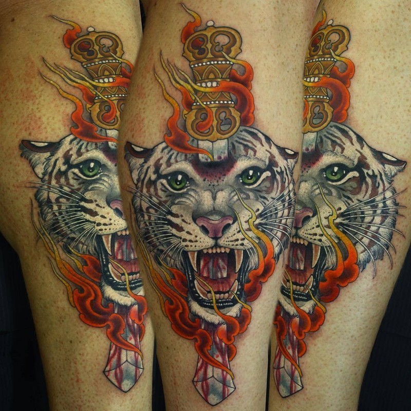 New school style colored leg tattoo of white tiger with sword and flames