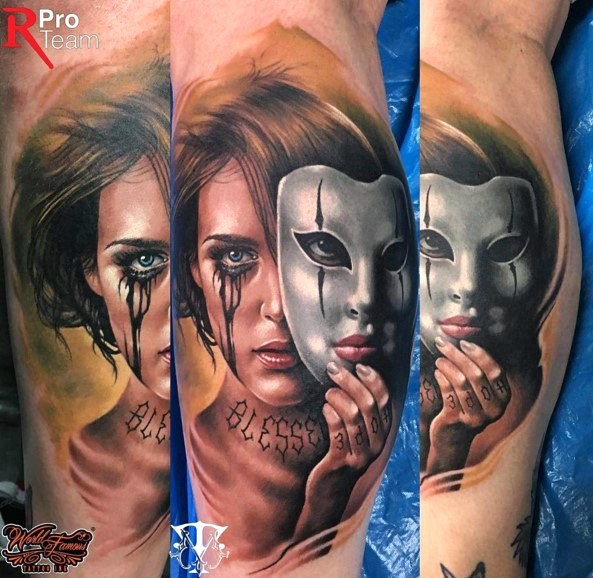 New school style colored leg tattoo of woman mask