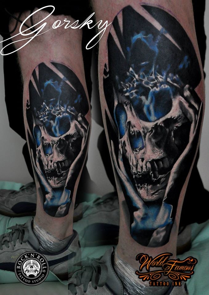 New school style colored leg tattoo of steamy human skeleton