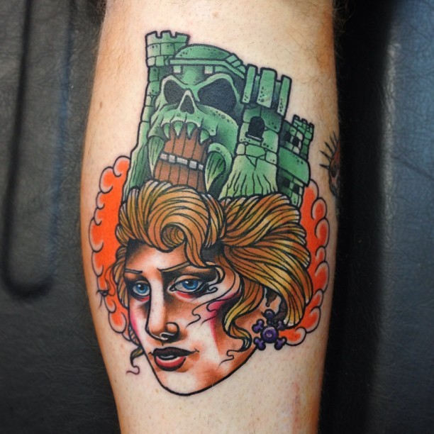 New school style colored leg tattoo of interesting woman with castle on head