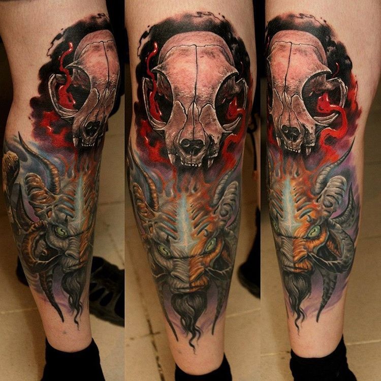 New school style colored leg tattoo of big devil with cat skull