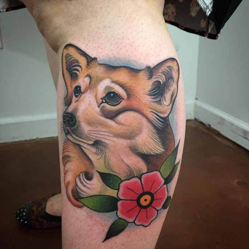 New school style colored leg tattoo of sweet dog with flower