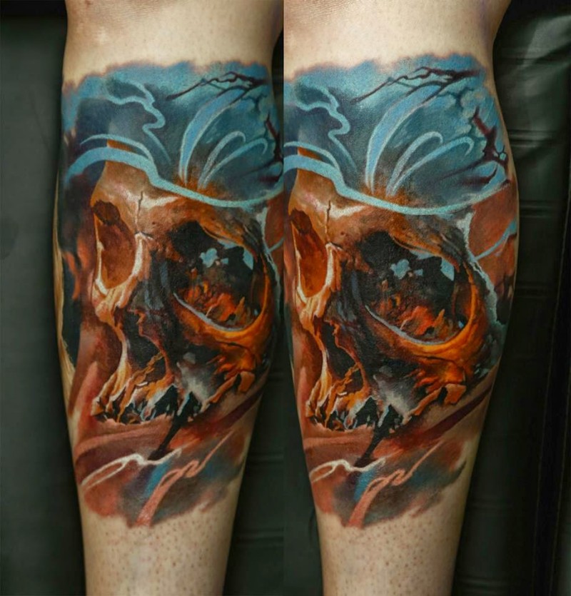 New school style colored leg tattoo of little human skull with trees