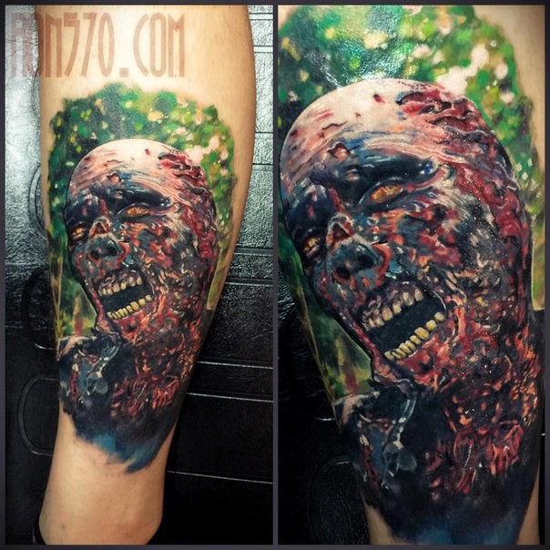 New school style colored leg tattoo of evil zombie