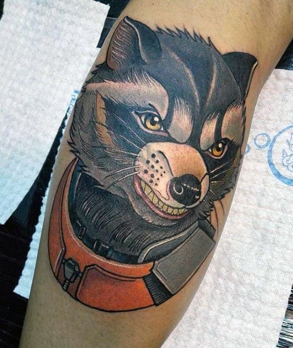 New school style colored leg tattoo of fantasy space raccoon