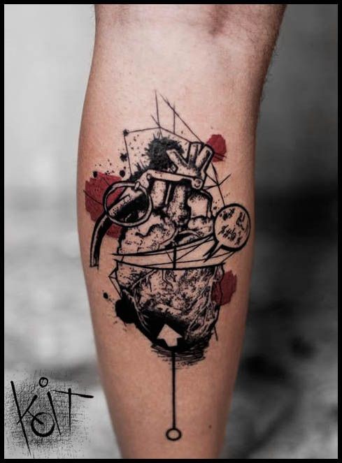 New school style colored leg tattoo of grenade made from human heart