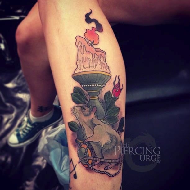 New school style colored leg tattoo of candle with rat