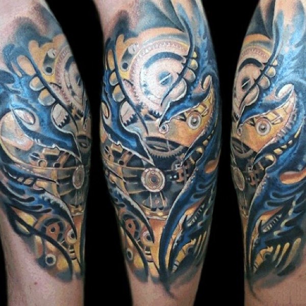 New school style colored mechanical clock tattoo on sleeve