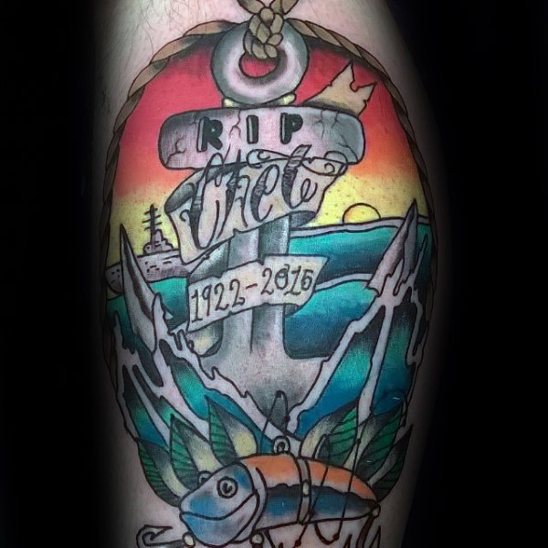 New school style colored memorial tattoo of anchor with lettering