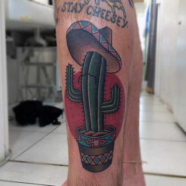 New school style colored Mexican like cactus tattoo on leg