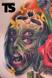 New school style colored monster zombie woman face tattoo stylized with flowers