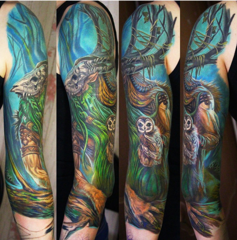 New school style colored mystical forest man with owl tattoo on half sleeve