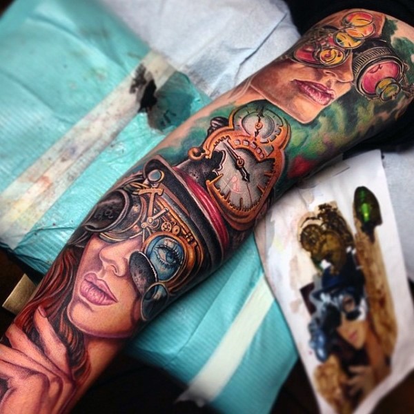 New school style colored mystical woman portraits tattoo on sleeve combined with mechanical glasses and clock