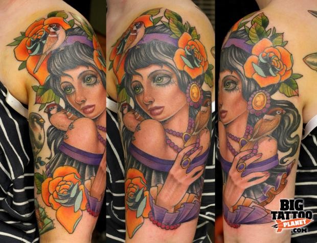 New school style colored mystical woman portrait tattoo on shoulder stylized with flowers