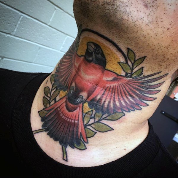 New school style colored neck tattoo of small bird