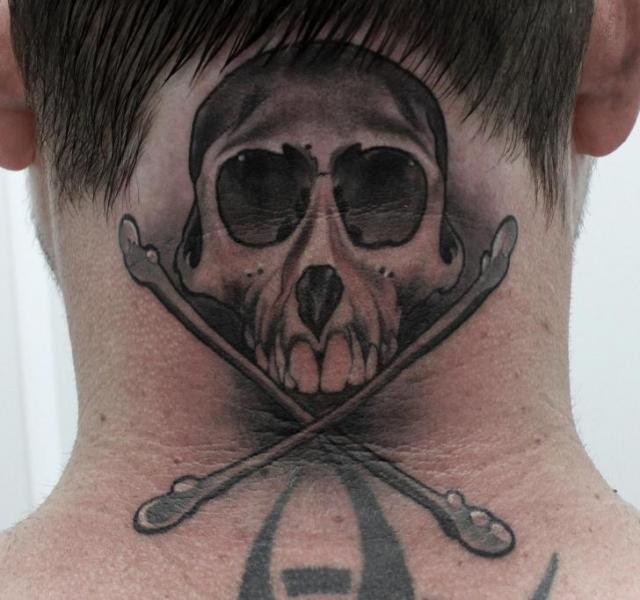 New school style colored neck tattoo of skull with crossed bones