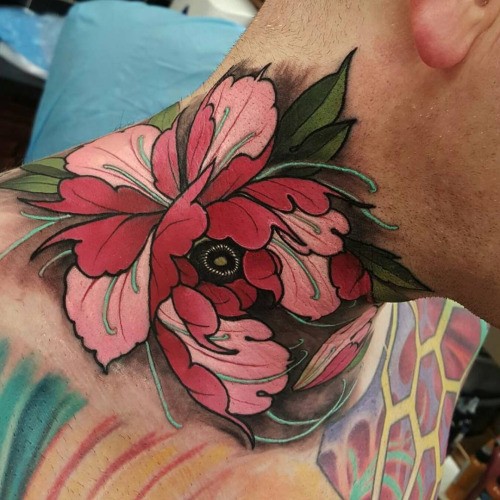 New school style colored neck tattoo of very beautiful flower