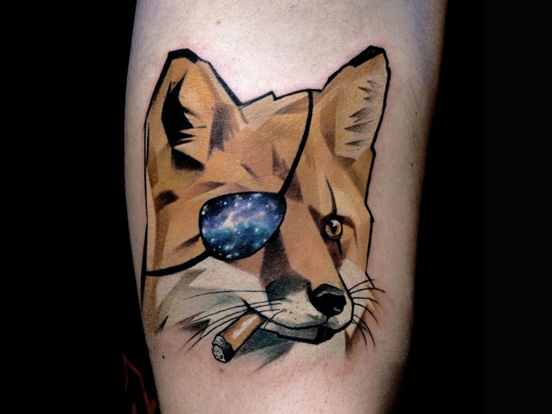 New school style colored pirate smoking fox tattoo on arm