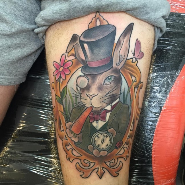 New school style colored rabbit with clock and flowers