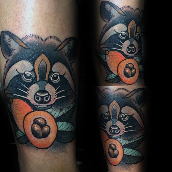 New school style colored raccoon with fruit and leaves