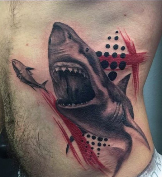 New school style colored shark chasing fish tattoo on side
