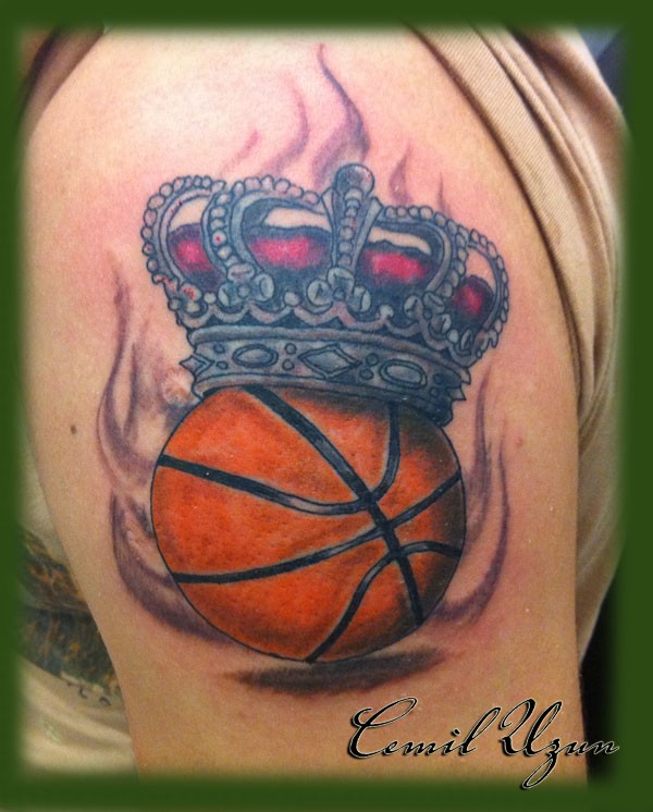 New school style colored shoulder tattoo of basketball with crown