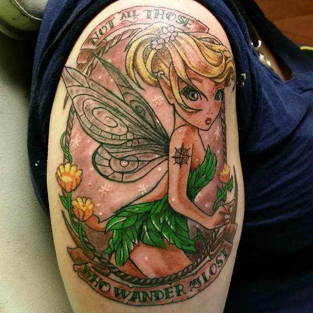 New school style colored shoulder tattoo of cute Tinkerbell and lettering