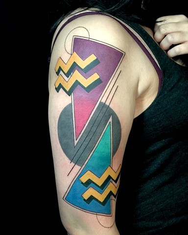 New school style colored shoulder tattoo of various figures